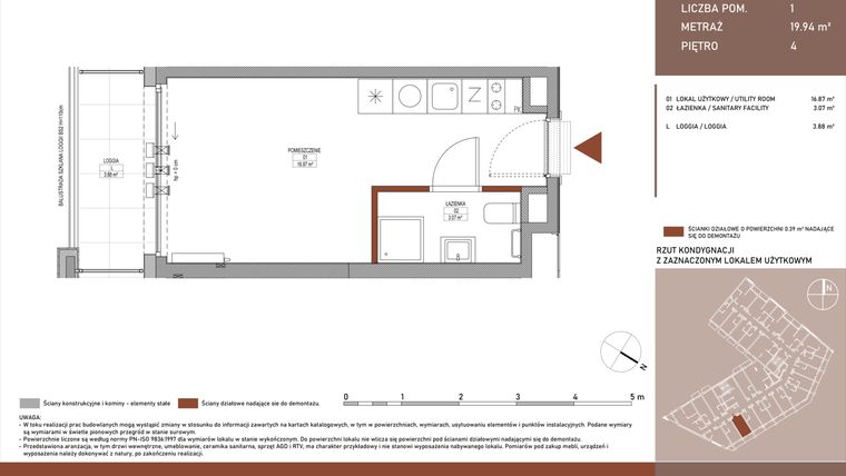 Rzut - Mieszkanie na sprzedaż 1 pokój o powierzchni 19,94 m² - numer A.5.23 w Żurawie - etap II