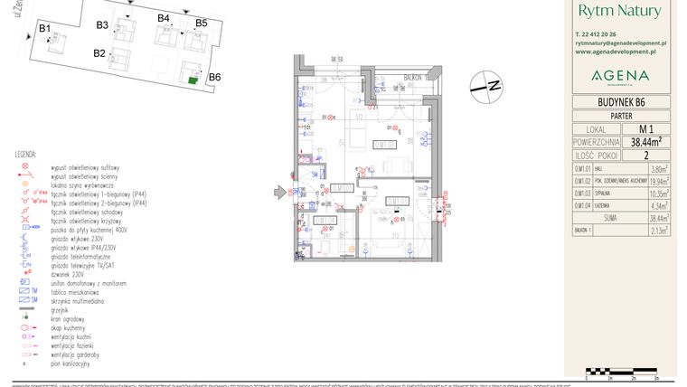 Rzut - Mieszkanie na sprzedaż 2 pokoje o powierzchni 38,44 m² - numer B6M1 w Rytm Natury