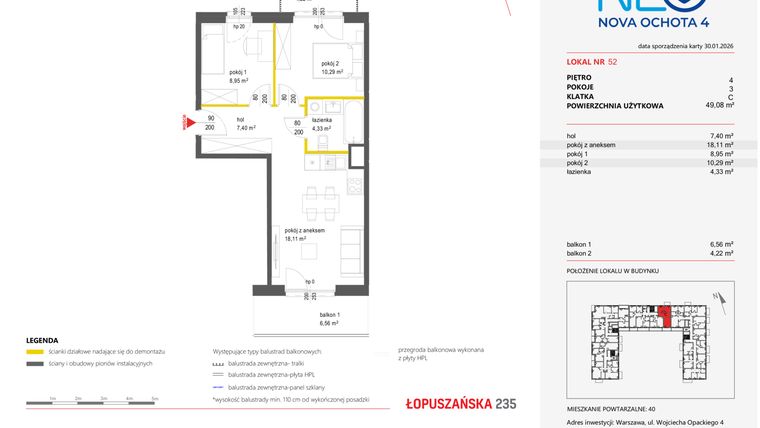 Rzut - Mieszkanie na sprzedaż 3 pokoje o powierzchni 49,08 m² - numer 52 w Neo Nova Ochota 4