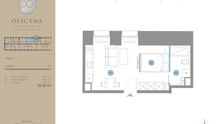 Rzut - Mieszkanie na sprzedaż 1 pokój o powierzchni 25,02 m² - numer 15 w Oficyna - Apartamenty Inwestycyjne Apart Hotel