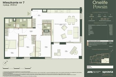 Rzut - Mieszkanie na sprzedaż 4 pokoje o powierzchni 89,08 m² - numer B1/7 w Onelife Powsin