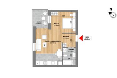 Rzut - Mieszkanie na sprzedaż 1 pokój o powierzchni 40,69 m² - numer M37 w Przy Kochanowskiego