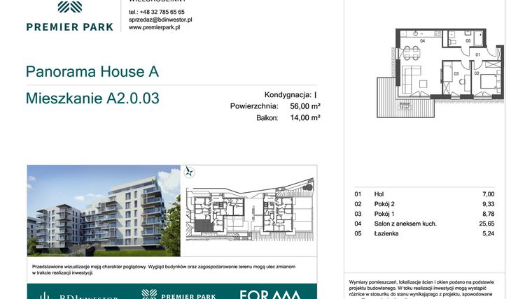 Rzut - Mieszkanie na sprzedaż 3 pokoje o powierzchni 56 m² - numer A2.0.03 w Premier Park II