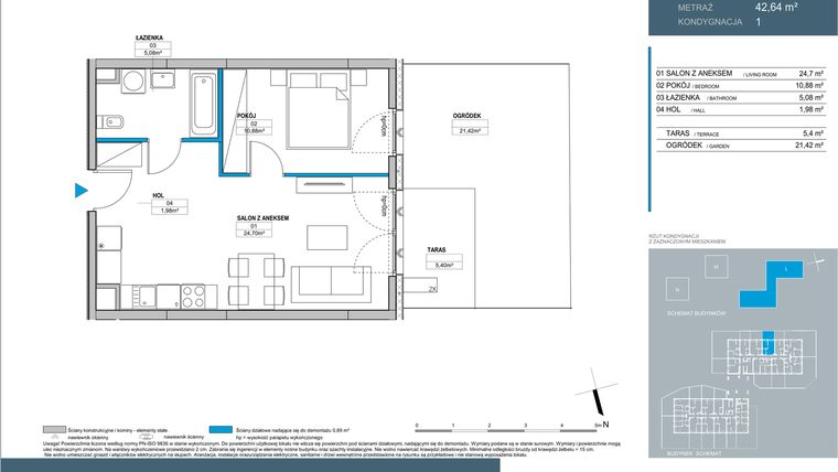 Rzut - Mieszkanie na sprzedaż 2 pokoje o powierzchni 42,64 m² - numer L2.1.05 w Nordic Bemowo - etap III