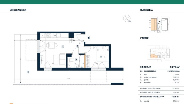 Rzut - Mieszkanie na sprzedaż 2 pokoje o powierzchni 33,38 m² - numer M01 w Reneta