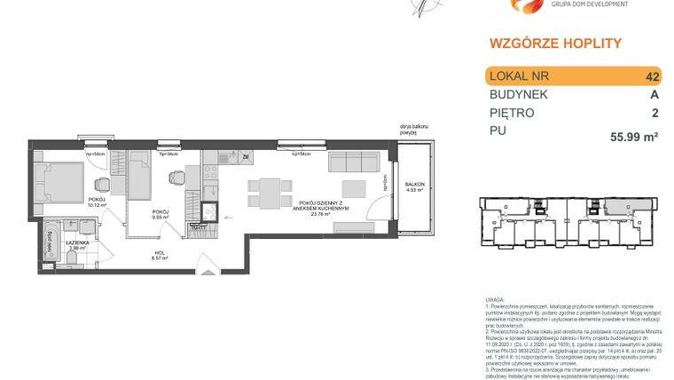 Rzut - Mieszkanie na sprzedaż 3 pokoje o powierzchni 55,99 m² - numer 1_1_A_2_42 w Wzgórze Hoplity