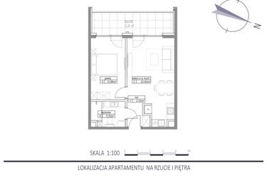 Rzut - Mieszkanie na sprzedaż 2 pokoje o powierzchni 43,39 m² - numer E13 w Apartamenty na Klifie bud. D, E i F
