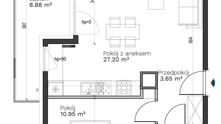 Rzut - Mieszkanie na sprzedaż 2 pokoje o powierzchni 45,97 m² - numer A-18 w Destino