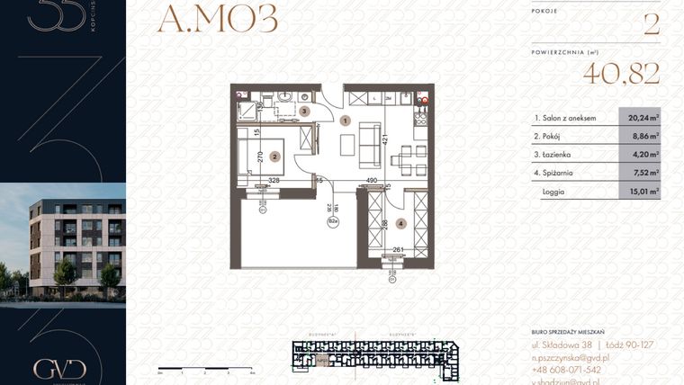 Rzut - Mieszkanie na sprzedaż 2 pokoje o powierzchni 40,82 m² - numer A.M03 w Kopcińskiego 33