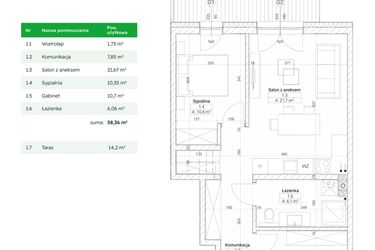 Rzut - Mieszkanie na sprzedaż 3 pokoje o powierzchni 58,36 m² - numer B2M3 w Nefrytowa Park