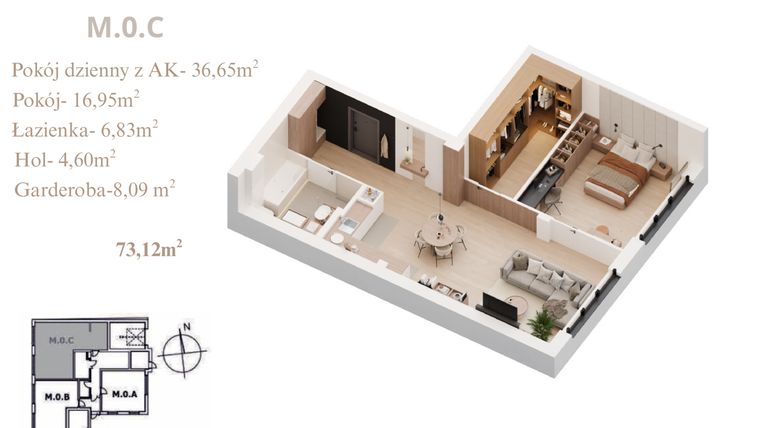 Rzut - Mieszkanie na sprzedaż 3 pokoje o powierzchni 73,12 m² - numer M.0.C w Konopnickiej 12