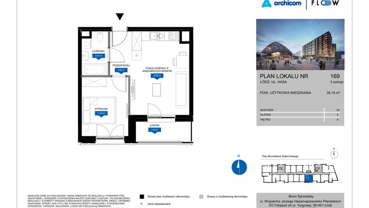 Rzut - Mieszkanie na sprzedaż 2 pokoje o powierzchni 38,19 m² - numer 169 w Flow