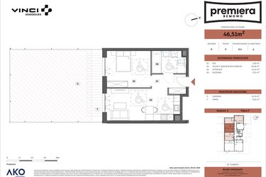 Rzut - Mieszkanie na sprzedaż 2 pokoje o powierzchni 46,51 m² - numer D.02 w Premiera Bemowo