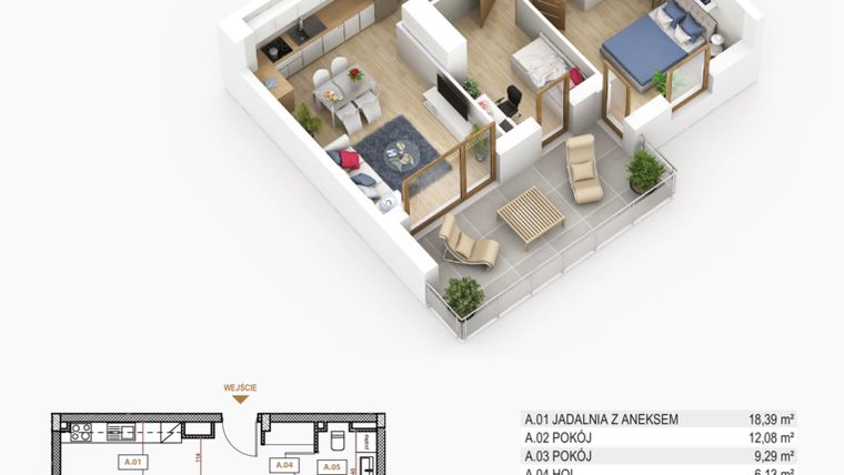 Rzut - Mieszkanie na sprzedaż 3 pokoje o powierzchni 50,01 m² - numer 6.21 w Perła Południa