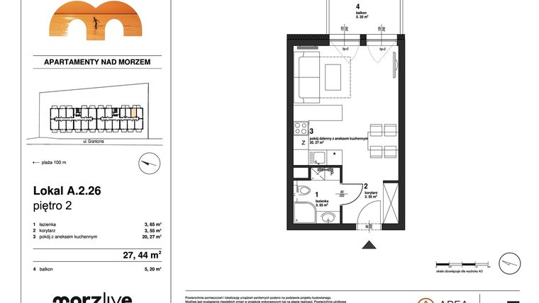 Rzut - Mieszkanie na sprzedaż 1 pokój o powierzchni 27,44 m² - numer A.2.26 w Morzlive
