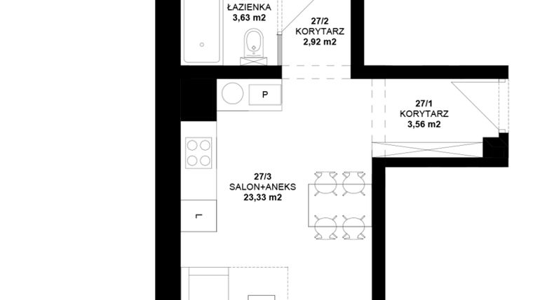 Rzut - Mieszkanie na sprzedaż 2 pokoje o powierzchni 42,33 m² - numer 27 w Garbary 40