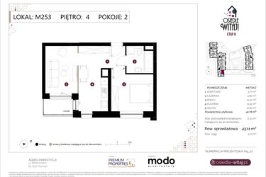 Rzut - Mieszkanie na sprzedaż 2 pokoje o powierzchni 43,11 m² - numer M253 w Osiedle Witaj etap II