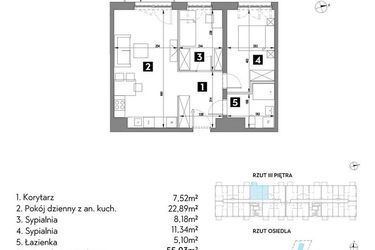 Rzut - Mieszkanie na sprzedaż 3 pokoje o powierzchni 55,08 m² - numer A1/3/7 w Metr Kwadrat