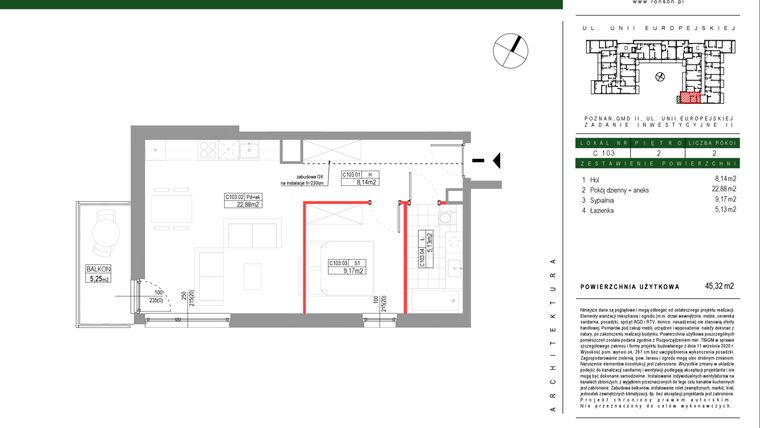 Rzut - Mieszkanie na sprzedaż 2 pokoje o powierzchni 45,32 m² - numer C103 w Grunwald Między Drzewami etap III