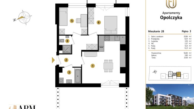 Rzut - Mieszkanie na sprzedaż 3 pokoje o powierzchni 56,84 m² - numer M28 w Apartamenty Opolczyka