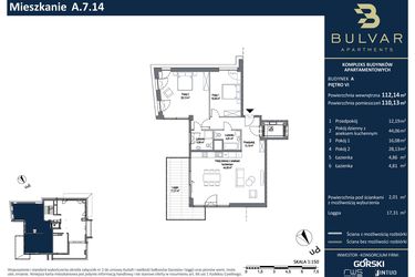 Rzut - Mieszkanie na sprzedaż 3 pokoje o powierzchni 111,5 m² - numer A.7.14 w Bulvar Apartments - etap I