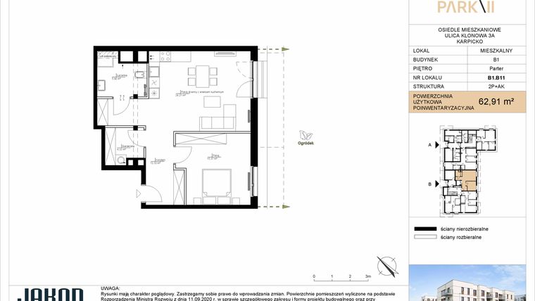 Rzut - Mieszkanie na sprzedaż 2 pokoje o powierzchni 62,91 m² - numer B1.B11 w Merano Park II