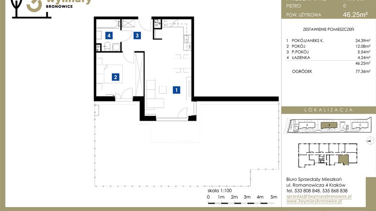 Rzut - Mieszkanie na sprzedaż 2 pokoje o powierzchni 46,25 m² - numer M.B02 w 3 Wymiary Bronowice