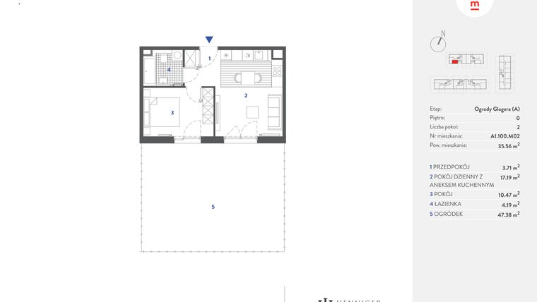 Rzut - Mieszkanie na sprzedaż 2 pokoje o powierzchni 35,55 m² - numer A1.100.M02 w Mieszkaj w mieście - Ogrody Glogera