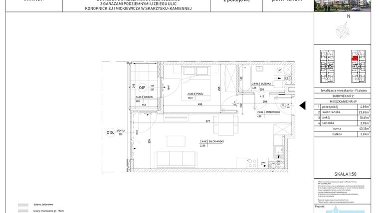 Rzut - Mieszkanie na sprzedaż 2 pokoje o powierzchni 43,13 m² - numer M-49 w Apartamenty Konopnickiej
