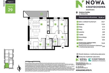 Rzut - Mieszkanie na sprzedaż 4 pokoje o powierzchni 78,88 m² - numer E29 w Nowa Częstochowa Małopolska etap II