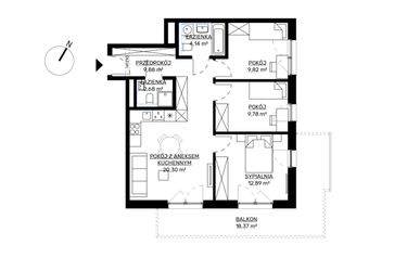 Rzut - Mieszkanie na sprzedaż 4 pokoje o powierzchni 69,49 m² - numer M61 w KWADRAT etap 2