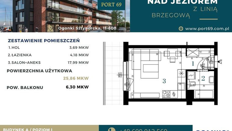 Rzut - Mieszkanie na sprzedaż 1 pokój o powierzchni 25,86 m² - numer A-16 w Port 69