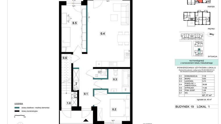 Rzut - Mieszkanie na sprzedaż 3 pokoje o powierzchni 67,17 m² - numer 19-1 w Błonie Bosco