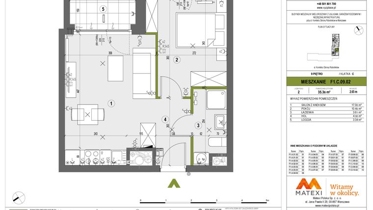Rzut - Mieszkanie na sprzedaż 2 pokoje o powierzchni 35,36 m² - numer F1.C.09.02 w XYZ Place
