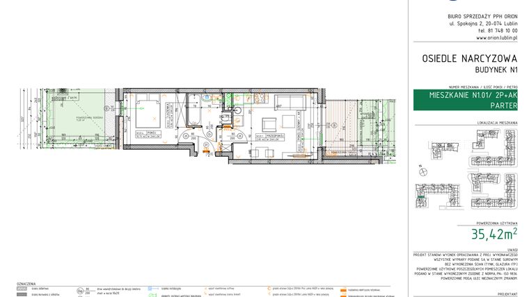 Rzut - Mieszkanie na sprzedaż 2 pokoje o powierzchni 35,42 m² - numer N1.01 w Osiedle Narcyzowe etap 2