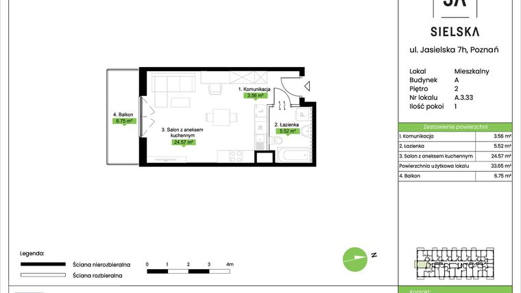 Rzut - Mieszkanie na sprzedaż 1 pokój o powierzchni 33,65 m² - numer A.3.33 w JA_SIELSKA V