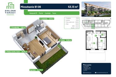 Rzut - Mieszkanie na sprzedaż 2 pokoje o powierzchni 53,13 m² - numer B1.06 w Zielone Tarasy
