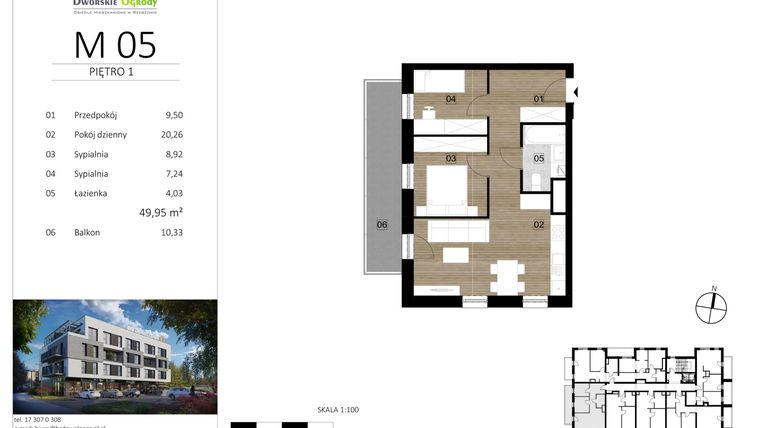 Rzut - Mieszkanie na sprzedaż 3 pokoje o powierzchni 49,95 m² - numer M.05 w Dworskie Ogrody 1
