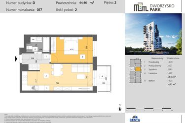 Rzut - Mieszkanie na sprzedaż 2 pokoje o powierzchni 44,46 m² - numer 17 w Dworzysko Park - Etap III