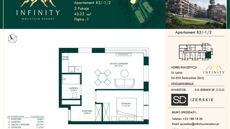Rzut - Mieszkanie na sprzedaż 2 pokoje o powierzchni 43,22 m² - numer B3.-1.2 w Infinity Mountain Resort