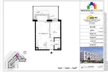 Rzut - Mieszkanie na sprzedaż 2 pokoje o powierzchni 53,4 m² - numer B.0.58 w Wesoła House Etap II