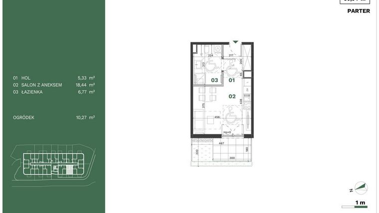 Rzut - Mieszkanie na sprzedaż 1 pokój o powierzchni 30,54 m² - numer 12 w Przewóz Solar Garden