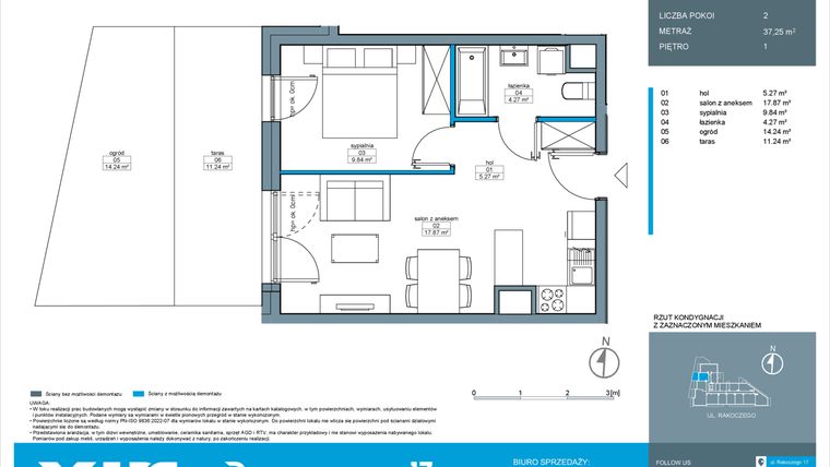 Rzut - Mieszkanie na sprzedaż 2 pokoje o powierzchni 37,24 m² - numer A.1.10 w Rakoczego 17