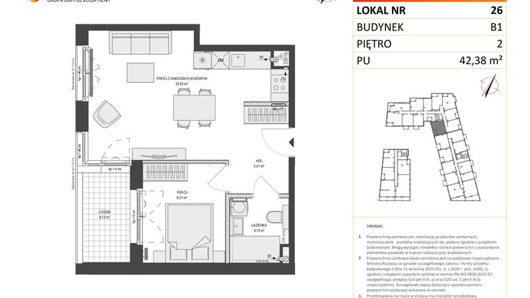 Rzut - Mieszkanie na sprzedaż 2 pokoje o powierzchni 42,38 m² - numer B1.26 w Zajezdnia Motława