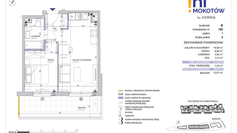 Rzut - Mieszkanie na sprzedaż 2 pokoje o powierzchni 38,44 m² - numer A1.B.102 w Hi Mokotów
