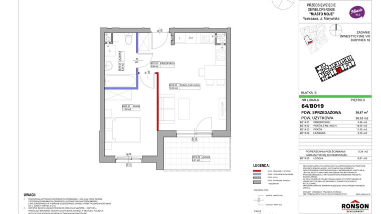 Rzut - Mieszkanie na sprzedaż 2 pokoje o powierzchni 38,53 m² - numer 16_B019 w Miasto Moje 8