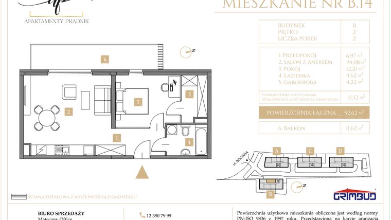 Rzut - Mieszkanie na sprzedaż 2 pokoje o powierzchni 52,62 m² - numer B.14 w Apartamenty Prądnik