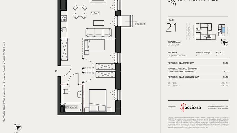Rzut - Mieszkanie na sprzedaż 1 pokój o powierzchni 53,4 m² - numer 4.21 w Kamienna 28 - apartamenty inwestycyjne