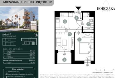 Rzut - Mieszkanie na sprzedaż 1 pokój o powierzchni 30,01 m² - numer P.III.03 w Korczaka Apartamenty