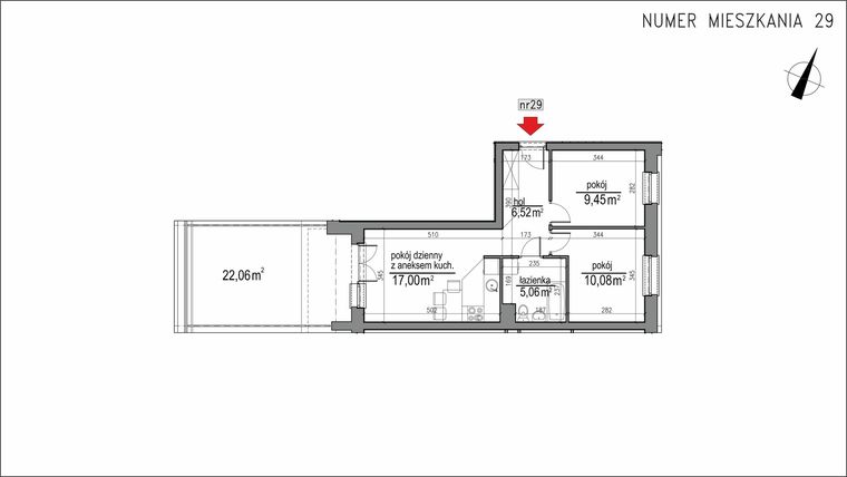 Rzut - Mieszkanie na sprzedaż 3 pokoje o powierzchni 48,11 m² - numer 3m.29 w Osiedle Rytm etap 2